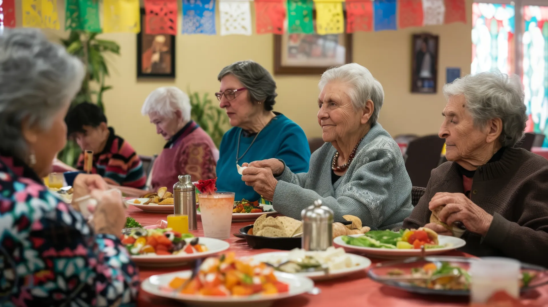 ältere Damen sitzen am Mittagstisch und essen