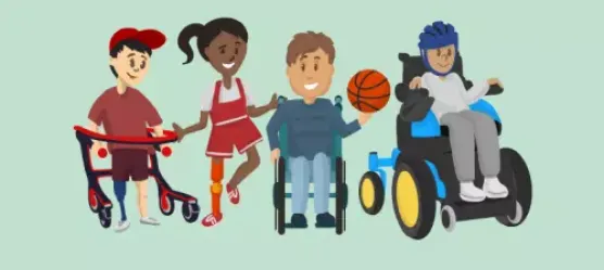 Grafik: Kinder mit Hilfsmitteln in einer Reihe