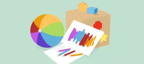 Grafik: Ein Ball und bunte Lernunterlagen