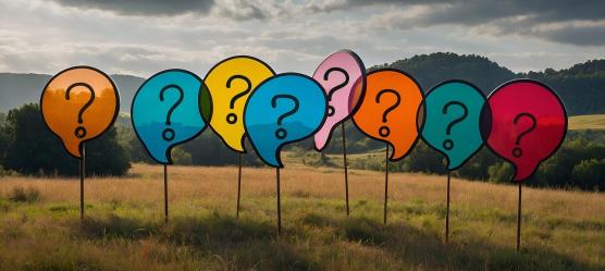 Auf Wiese aufgestellte Sprechblasen-Schilder mit Fragezeichen